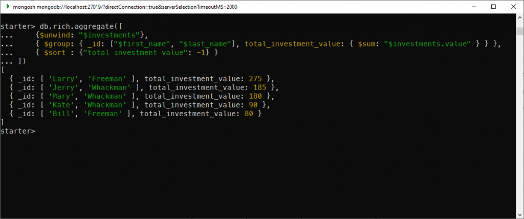 Calculate total investments value for all people and order the total descendingly