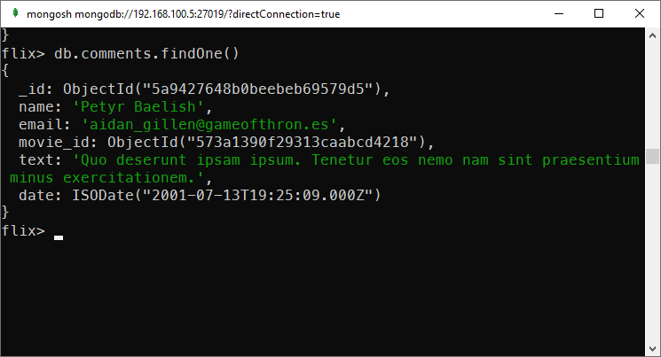 Structure of a comment document in mflix database