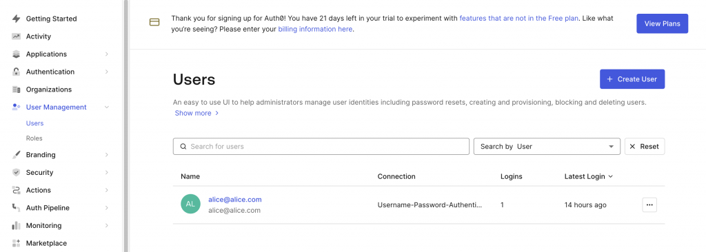 Create a new user in Auth0