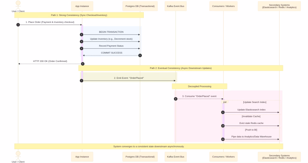 Solution: Keep Postgres transactions for the strict-consistency paths; use Kafka/event-driven updates for everything else (search index updates, cache invalidation, analytics). This is the core CQRS-lite pattern — don't force one consistency model on the whole system.