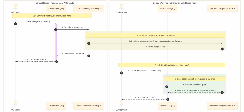 Solution: Multi-region database replication (Postgres logical replication, or distributed SQL like CockroachDB/YugabyteDB if you need multi-region writes with strong consistency). This is a step beyond CDN — it's about write locality, not just read caching.