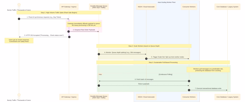 Solution: Queue-based load leveling — incoming requests get queued (SQS, Kafka) and processed at a sustainable rate, with auto-scaling workers. The user gets an "accepted, processing" response rather than the backend falling over trying to do everything synchronously.