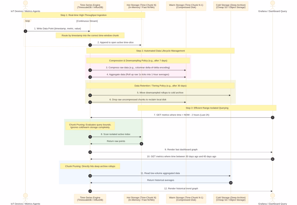 Solution: TimescaleDB (Postgres extension) for moderate scale, or InfluxDB/QuestDB for purpose-built time-series workloads with automatic downsampling and retention policies.